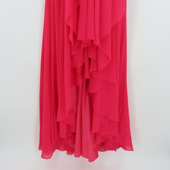 Cache Womens 2 Bright Pink Pleated Rhinestone Cutout Mesh Hi Low Dress Formal - Picture 3 of 11